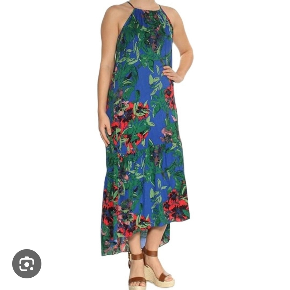 Rachel Roy blue floral high neck flowy dress small
